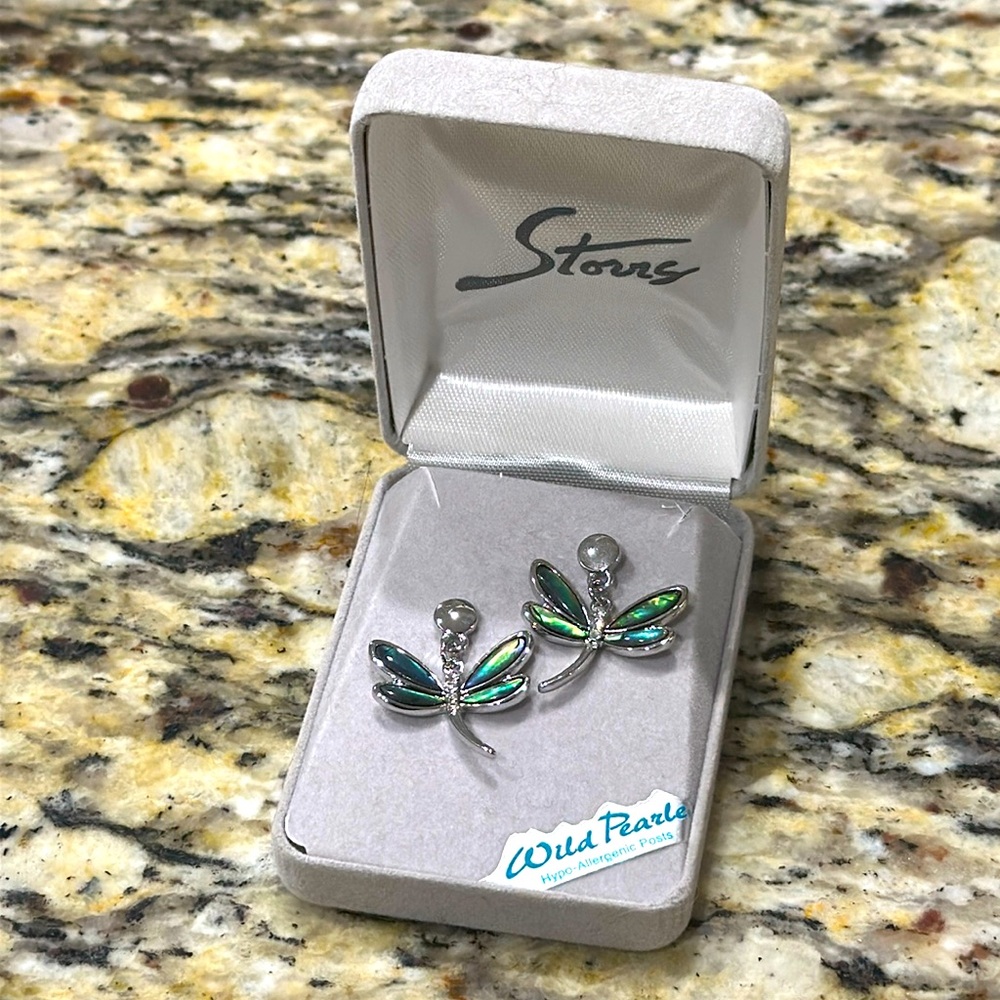Abalone dragonfly earrings, straight post backing
